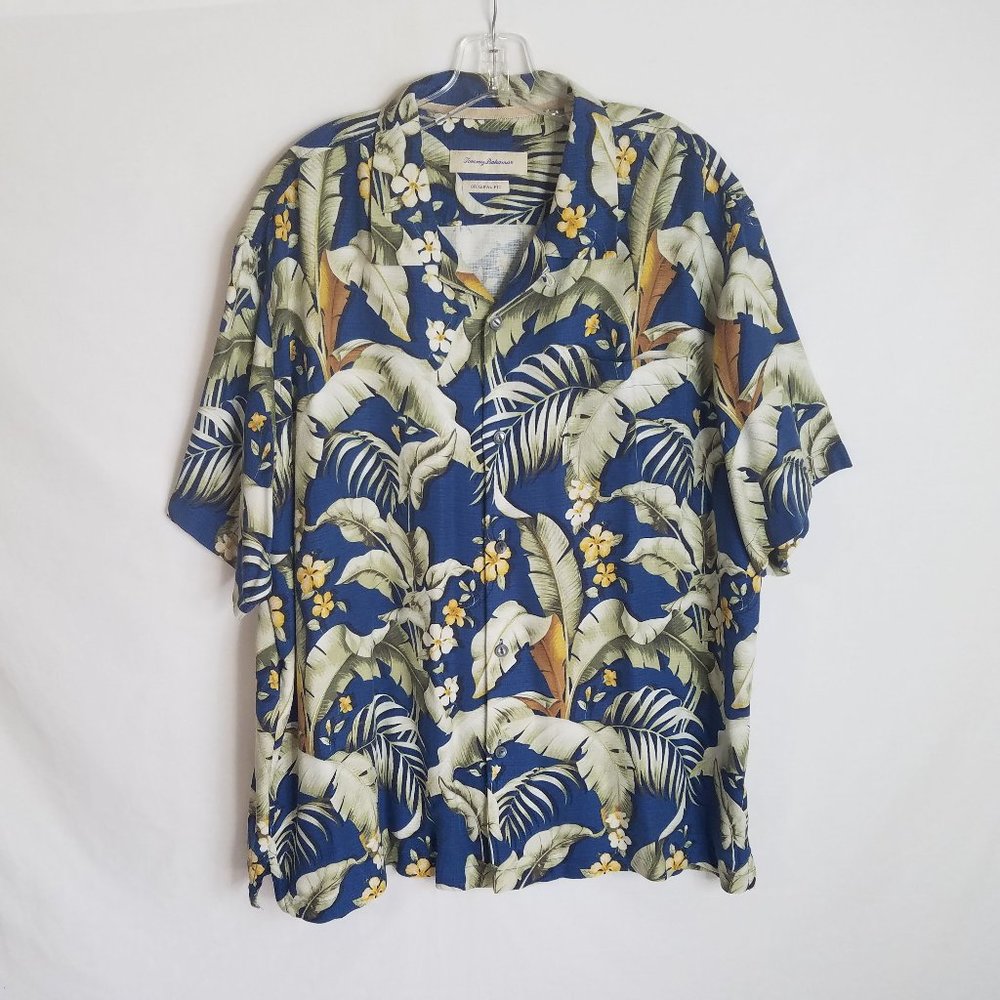 Tommy Bahama Silk Floral Leaf Print‎ Hawaiian Shirt Mens Size XL